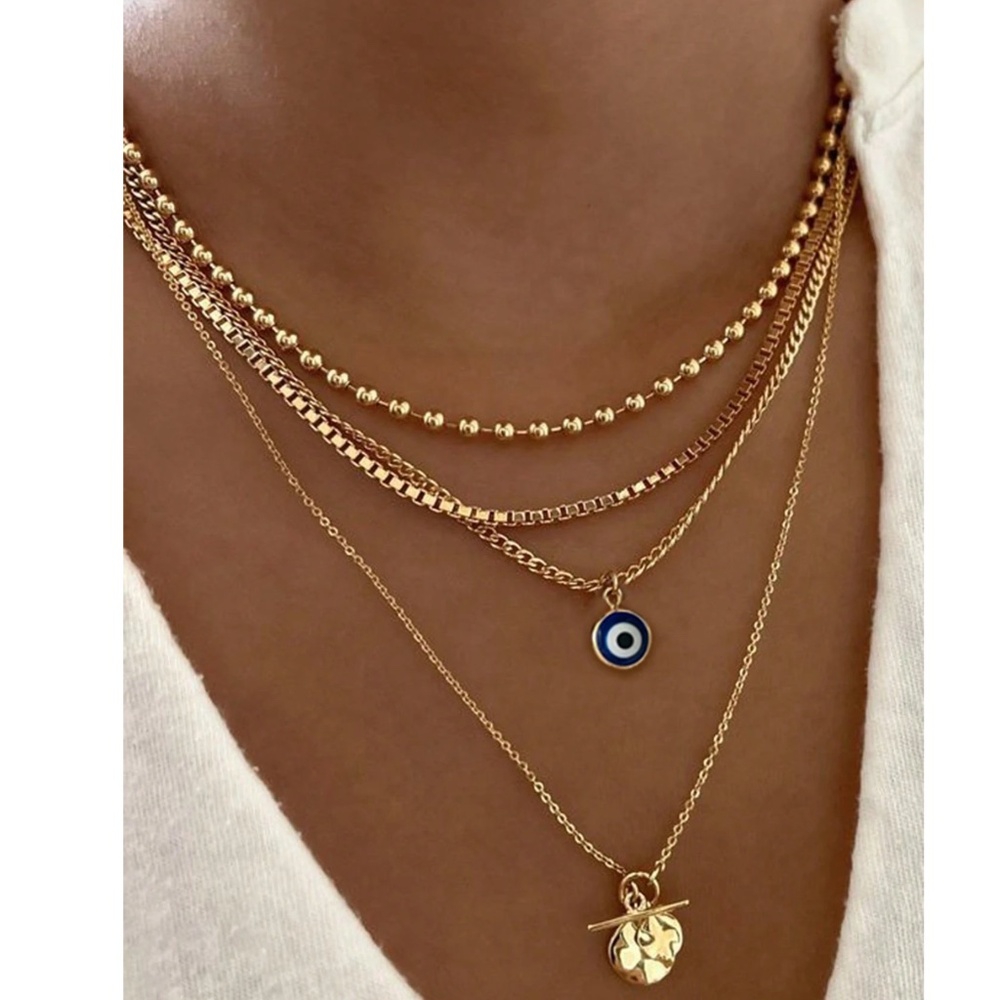 Boho Gold Tone Evil Eye Hammered Pendant Multilayer Necklace